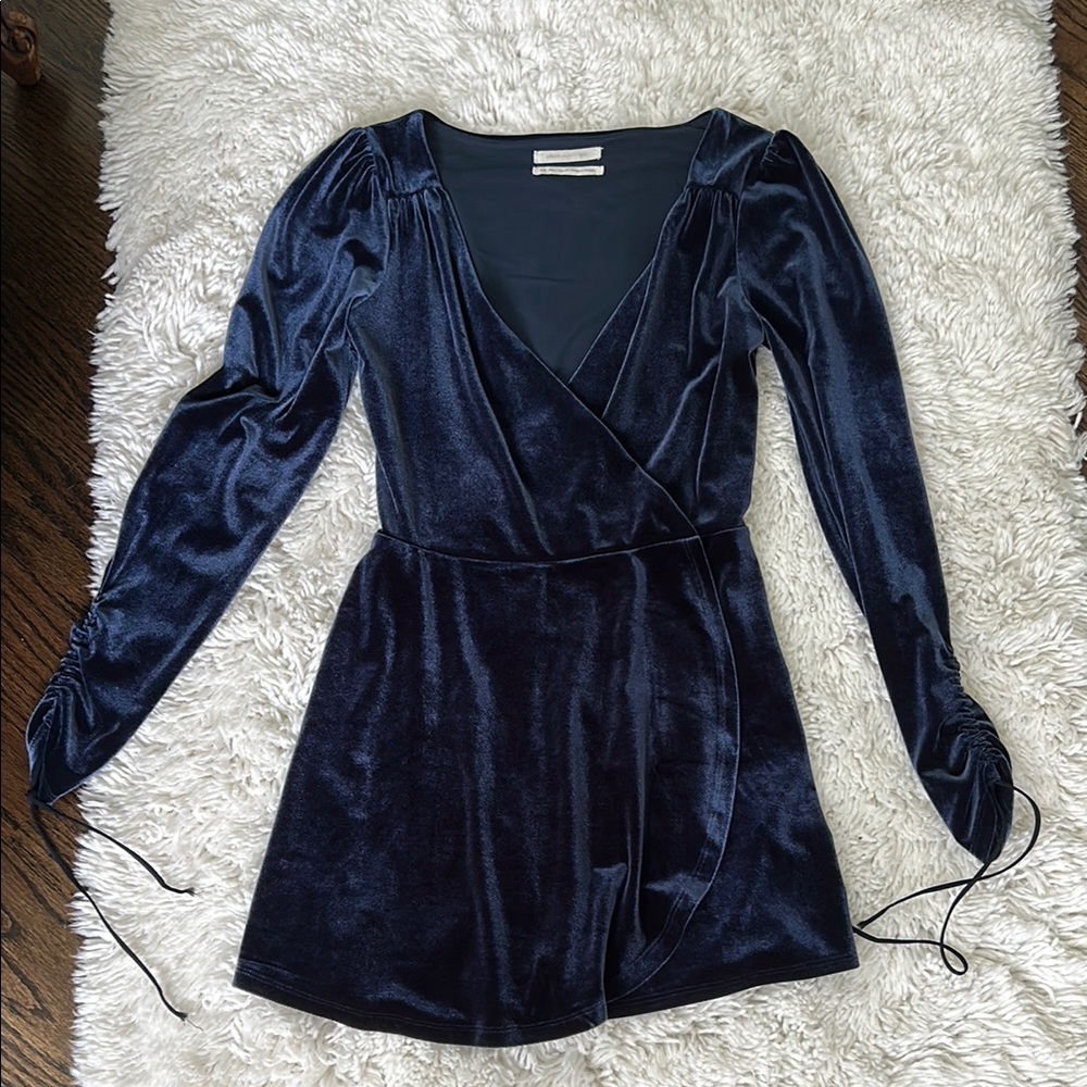 Urban Outfitters Blue Plunge Romper with Bishop Sleeves